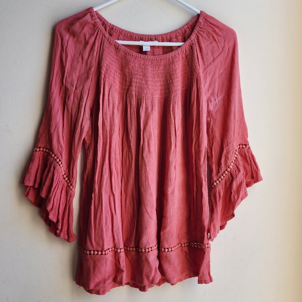Westport 1962 Coral Scoop Neck Flared Sleeve Poet Blouse Size Small